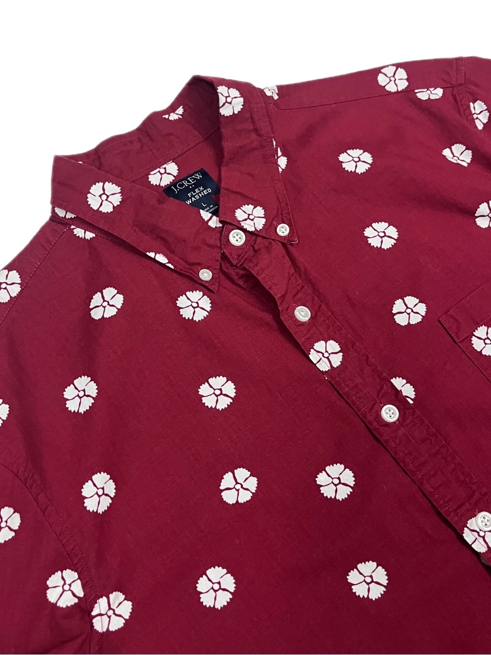 J. Crew Flex Washed Men's L Burgundy Short Sleeve Button-Down White Floral Print
